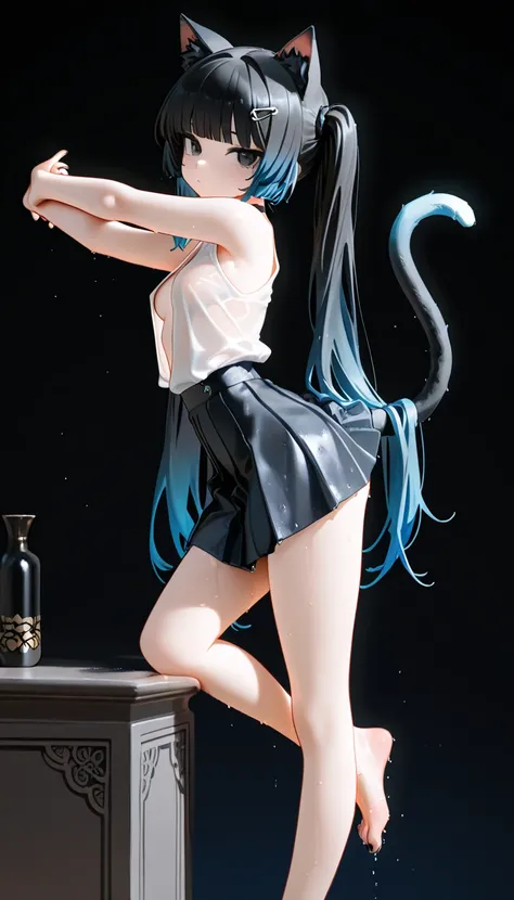 1girl, black eyes, tsurime, black Hair, blue and white gradient hair, blunt bangs, twintail hair, cat tails, 2tails, cat ears, small Breast, choker, bare legs, foot, black nails, masterpiece, best quality, Perfect details, perfect composition, absurdres, n...