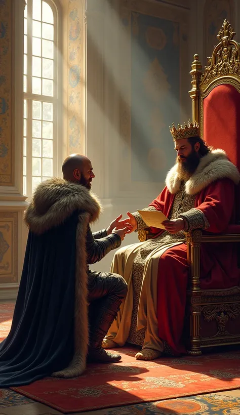 [Scene: Rollo kneeling before the French king, receiving land in exchange for loyalty.]

