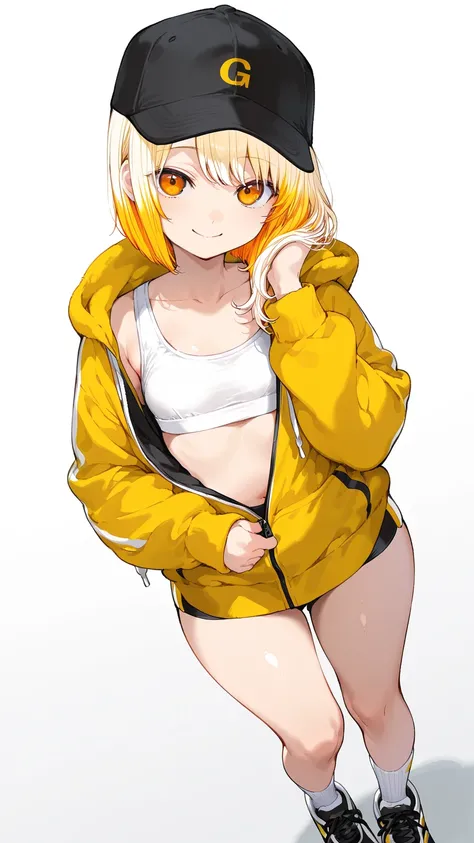 solo,  girl, ( Masterpiece), ( high definition model), (Soft hair:1.7), very detailed, anatomically correct,  sling, ( blonde and orange gradation color hair:1.5), Long bob cut hair, [chest:1.2], [Thick thighs:0.8], fuzzy black and yellow hoodie, (( black ...