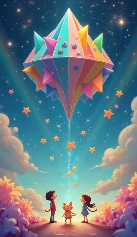 小さな宇宙の中で、 The moment the colorful origami of time soars 。 cats and stars drawn on folded paper 、 rainbows interlaced in a small universe 、 Please draw a scene where colorful origami of time soars up 。 in the background 、 twinkling galaxies and 、 Add a scen...