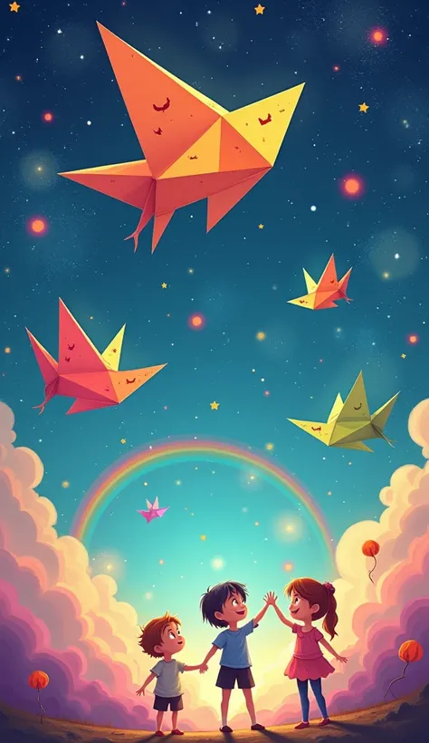 小さな宇宙の中で、 The moment the colorful origami of time soars 。 cats and stars drawn on folded paper 、 rainbows interlaced in a small universe 、 Please draw a scene where colorful origami of time soars up 。 in the background 、 twinkling galaxies and 、 Add a scen...