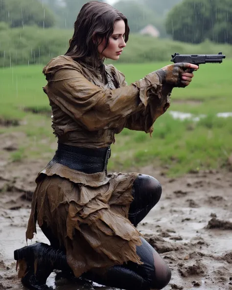 still from the film.  Beautiful elegant woman,  dressed in a , a skirt with a belt ,  high-heeled shoes ,  dark tights , kneels on one knee in a muddy field,  completely dirty and wet clothes ,  dark tights  порваны,  gun in hand , aims with a pistol,  Dyn...