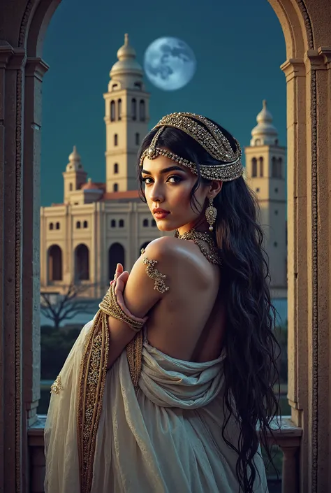 Arabian beauty , Castle in background , Night scene