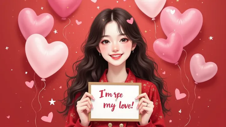 A beautiful and lovely woman holding a sign "I love you", joy,  happy , Anime illustrations,  Realistic photo ,  red theme ，pink and white balloons