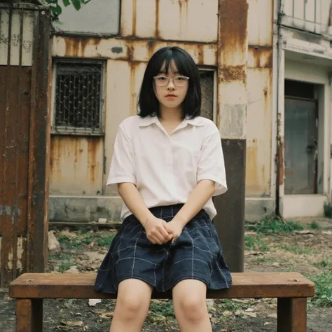 live-action, middle school girl wearing silver rimmed glasses, black hair semi-long hair, straight hair, white shirt, Navy Blue Check Skirt , rough skin,I'm climbing a rusty building in Shinjuku , taken from the side,Sitting on a rusted little park bench