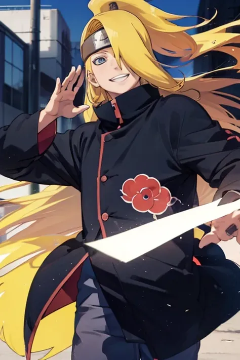 1male, deidara in anime naruto, long hair , yellow hair, blue eyes, handsome, smile, black clothes, realistic clothes, detail clothes,city background, ultra detail, realistic