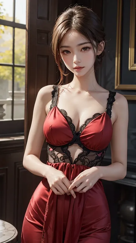  Serene and elegant depiction of a woman wearing a luxurious red silk dress， with intricate lace details and charming eyes ；Capturing a moment of tranquil beauty ， exudes subtle charm and appeal 。