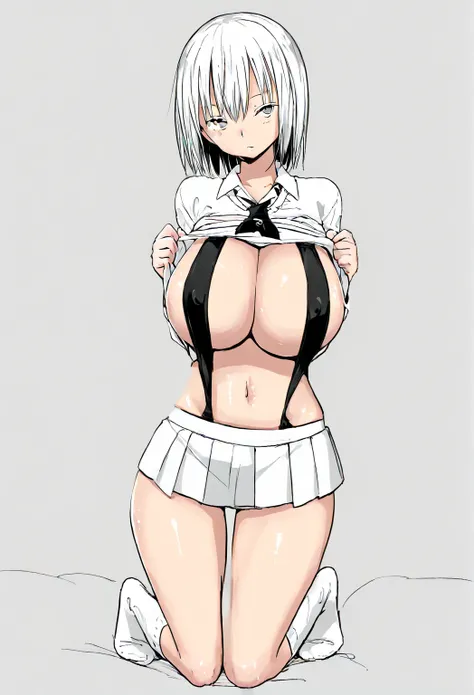 core_9, score_8_up, score_7_up, score_6_up, score_5_up, score_4_up, 1girl, short hair, straight hair, Kuchinashi Velzhe, High socks, ((big breasts)), office background, white hair, vacant eyes, covered nipples, expressionless, short cropped hair, small wom...