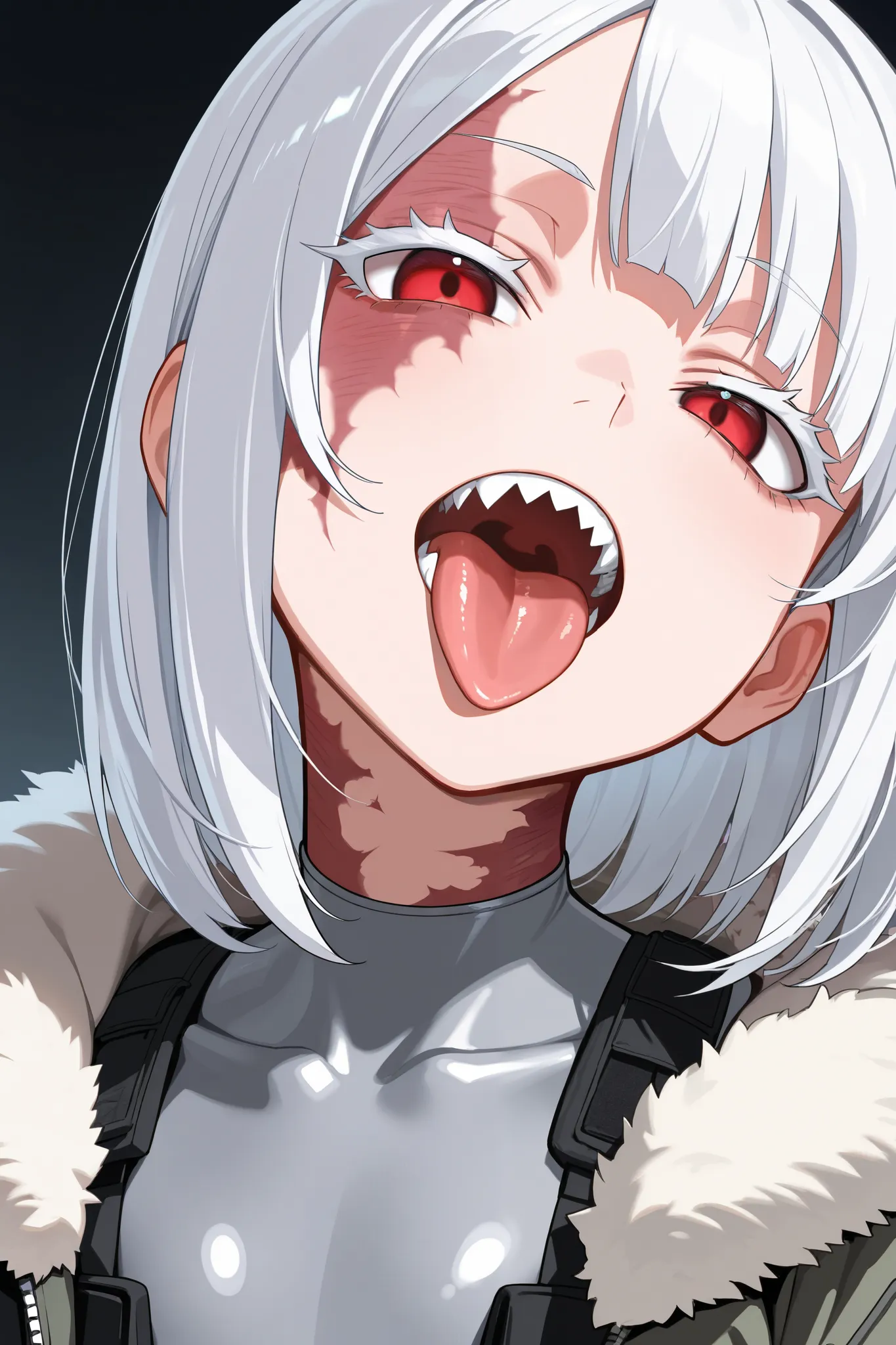 Sharp teeth, emotionless, mesugaki, tongue out, open mouth, fur trimmed hoodie jacket, grey body suit, white hair, red eyes, white eyelashes, tactical clothes, 1 girl, flat chest, burn scar on face, burn scar on neck, mature, tall, shiny skin, medium hair,...