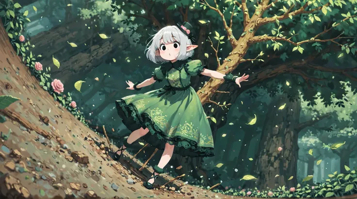 score_9, score_8_up, score_7_up, UHD, Masterpiece, amazing quality, very aesthetic, absurdres, ultra-detailed, 1girl\solo\(hamuko-chan, elf, silver bob cut,  mini hat\pink rose\lace, Intricate:1.3\Green leaf dress\frill, lace), stand on the leaves of the w...