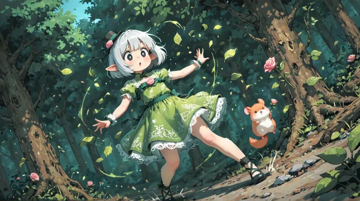 score_9, score_8_up, score_7_up, UHD, Masterpiece, amazing quality, very aesthetic, absurdres, ultra-detailed, 1girl\solo\(hamuko-chan, elf, silver bob cut,  mini hat\pink rose\lace, Intricate:1.3\Green leaf dress\frill, lace), stand on the leaves of the w...