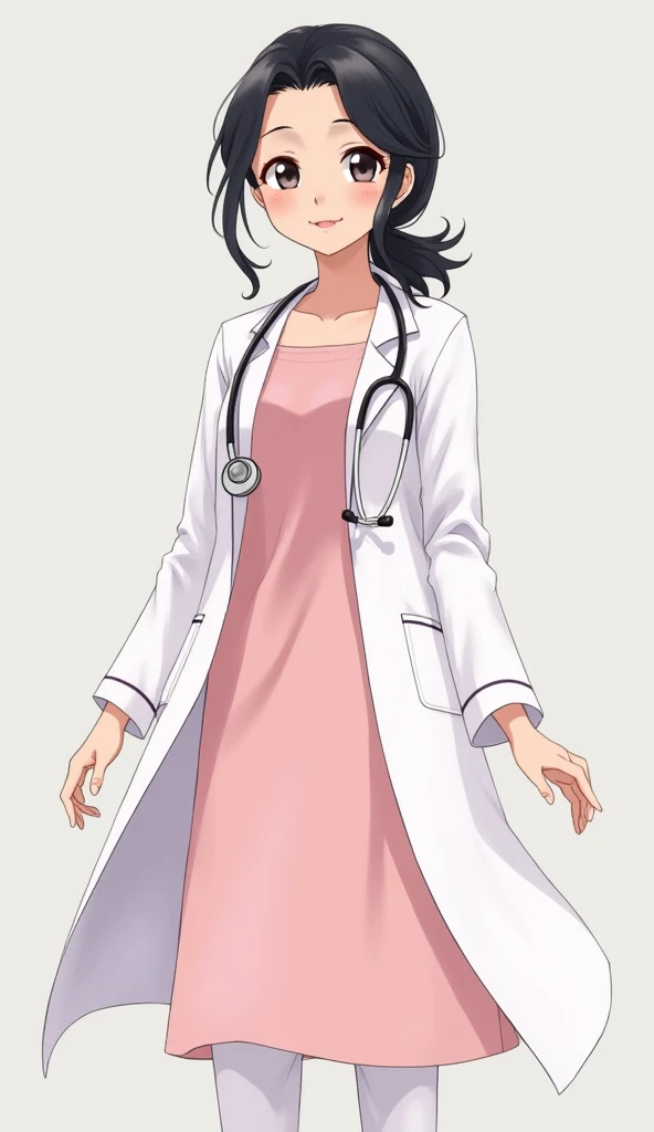 Here is the prompt in English:

"A 30-year-old anime lady doctor wearing light pink-colored kurta and white shalwar, with a white doctor's coat and a stethoscope around her neck,with black hair and a loose bun of hair, looking forward with a friendly demea...