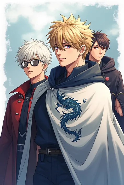 Images d&#39;anime , Trois personnages masculins ensemble cheveux blanc et blonds yeux rouge ecarlate et bleu perçant stylé artificiel cape blanche et noir motif dragons stylés,  lunettes sombres, gants noirs, tatouages,  des voitures stylées avec d'autre ...