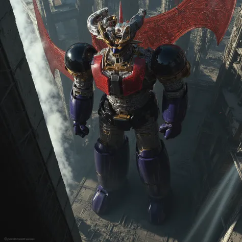  very realistic version of the modified Mazinger Z ,  Mazinger Z is 100 meters tall.   Constructed with modern materials such as steel  ,   Carbon Fiber  ,   Other industrial elements are also visible  ,  Just like the real thing  ,    I'm standing in fron...