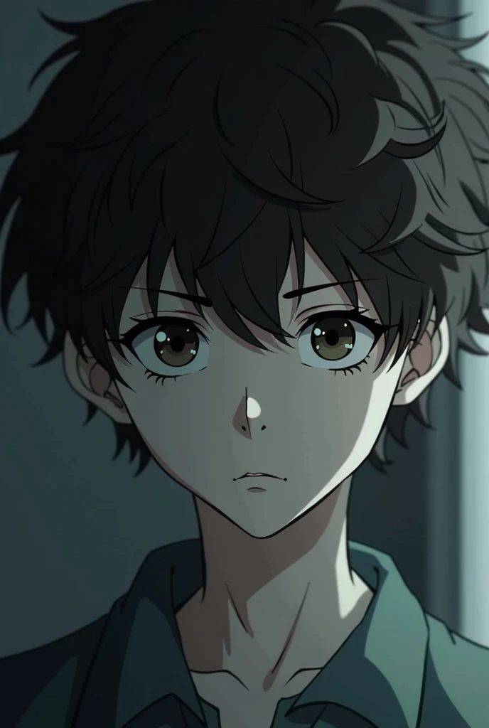 14-year-old boy with a mature face years in anime,  very white skin,  curly brown hair,  Dark eyes, apathetic face and dark circles, More lighting.