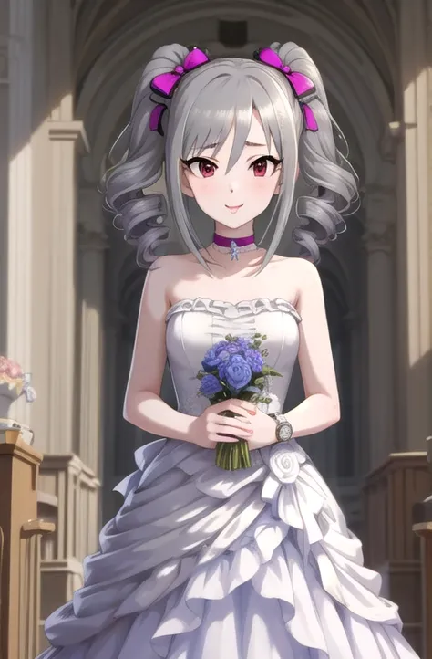 ( masterpiece,  top quality,   Details),  1 girl, Alone, smile,  happy, Chiori,  Watch viewers,  Bridal Dress ,  white dress,  holding flowers,  long hair,  twin tails,  twin drill, hair bow,  medium boobs,  choker, Chest,  Silver Hair