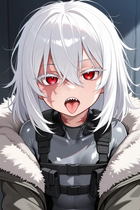 Sharp teeth, emotionless, mesugaki, tongue out, open mouth, fur trimmed hoodie jacket, grey body suit, white hair, red eyes, white eyelashes, tactical clothes, 1 girl, flat chest, burn scar on face, burn scar on neck, mature, tall, shiny skin, medium hair,...