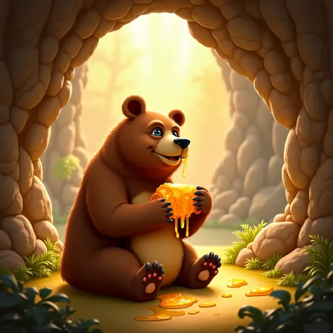 The bear is sitting in his cave and eating honey!