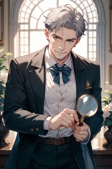 Detective、 male、 grandpa、Gray Hair、reasoning、Holding a magnifying glass