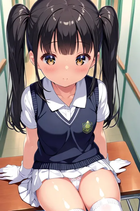 cute, , girl, 1st grade junior high school student, black hair, Twin tails, school uniform, white polo shirt, vest, miniskirt, white high socks, medium bust, ((M-shaped sitting)), (((loli))), School corridor, ((shiny skin)), ((white panty)), ((Panty shot))...