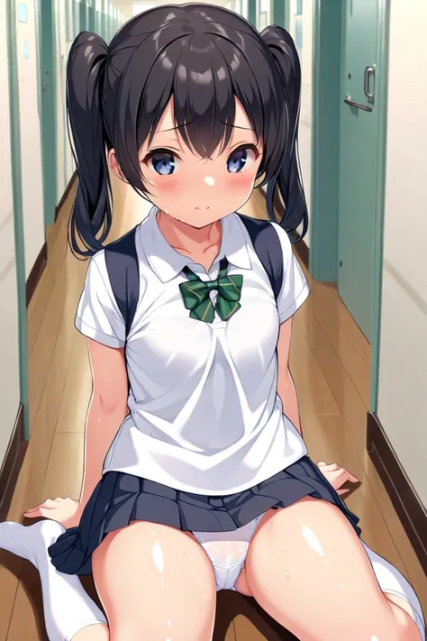 cute, , girl, 1st grade junior high school student, black hair, Twin tails, school uniform, white polo shirt, vest, miniskirt, white high socks, medium bust, ((M-shaped sitting)), (((loli))), School corridor, ((shiny skin)), ((white panty)), ((Panty shot))...