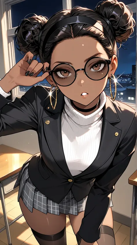 1Girl, Mature, Ebony, African American, Dark Skin, Jet Black Hair, Afro, Double Bun, Shiny Hair, Bright Brown Eyes, Black Nails, Dark Brown Eye Shadow, Medium Chest, White Turtleneck Shirt, Black Circular Glasses , Grey Plaid Skirt, Black High-Thigh Socks,...