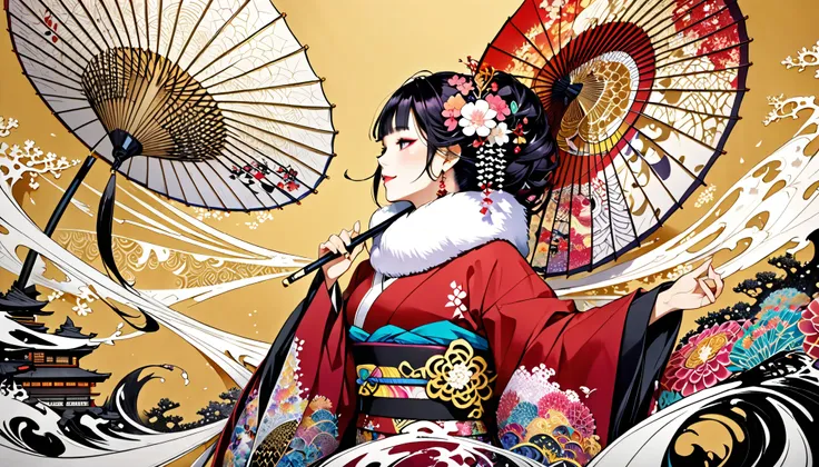 white fur stole,   smiles shyly, numerous beautiful Japanese umbrellas, very beautiful red  kimono, (((  gold background, Plum World))), 8k wallpaper with a sense of unity,  super detailed,  beautiful and artistic ,  top quality, (  zentangle , Mandala, Ta...