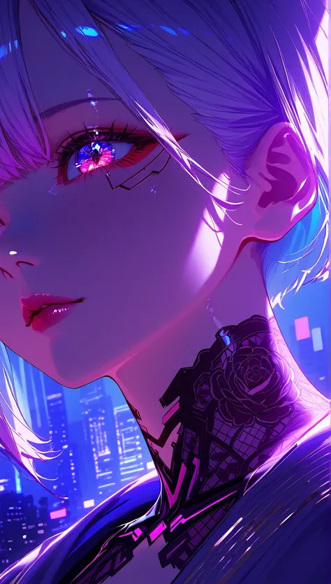  Hyper-realistic cyberpunk woman, close-up portrait, half-shaved pastel hair, intense gaze, cinematic lighting, open silk robe with golden embroidery, intricate floral chest tattoos, futuristic cityscape background, neon reflections, highly detailed, sharp...