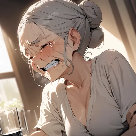  clenches her teeth and cries, top quality,  masterpiece, 60 years old,  old woman,  facial wrinkles, glass, Gray Hair, Bun Head, Delicate body,