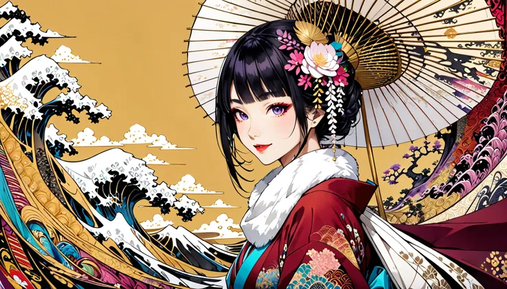 white fur stole, smiles shyly, numerous beautiful Japanese umbrellas, very beautiful red kimono, ((( gold background, Plum World))), 8k wallpaper with a sense of unity, super detailed, beautiful and artistic , top quality, ( zentangle , Mandala, Ta...