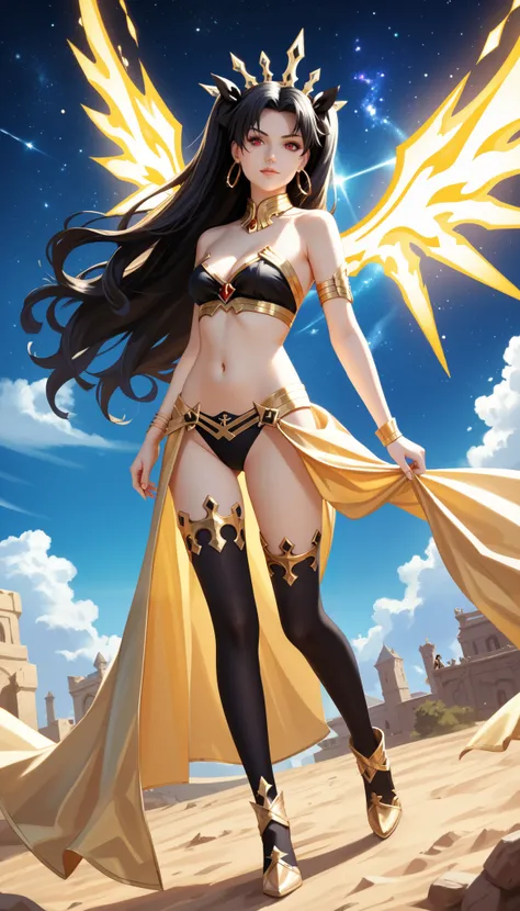 ishtar, gleaming red eyes, black hair, long hair, two side up, parted bangs, black ribbon, hair ribbon, tiara, hoop earrings, jewelry, neck ring, bikini, single sleeve, detached sleeves, single thighhigh, black thighhighs, Standing tall with one hand on he...