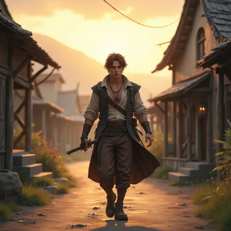 handsome man age 18, with short dark brown hair wearing bandit clothes, walking on road village, realistic 4k, RPG adventure, morning , beautiful arua sky, walking, realistic 16k