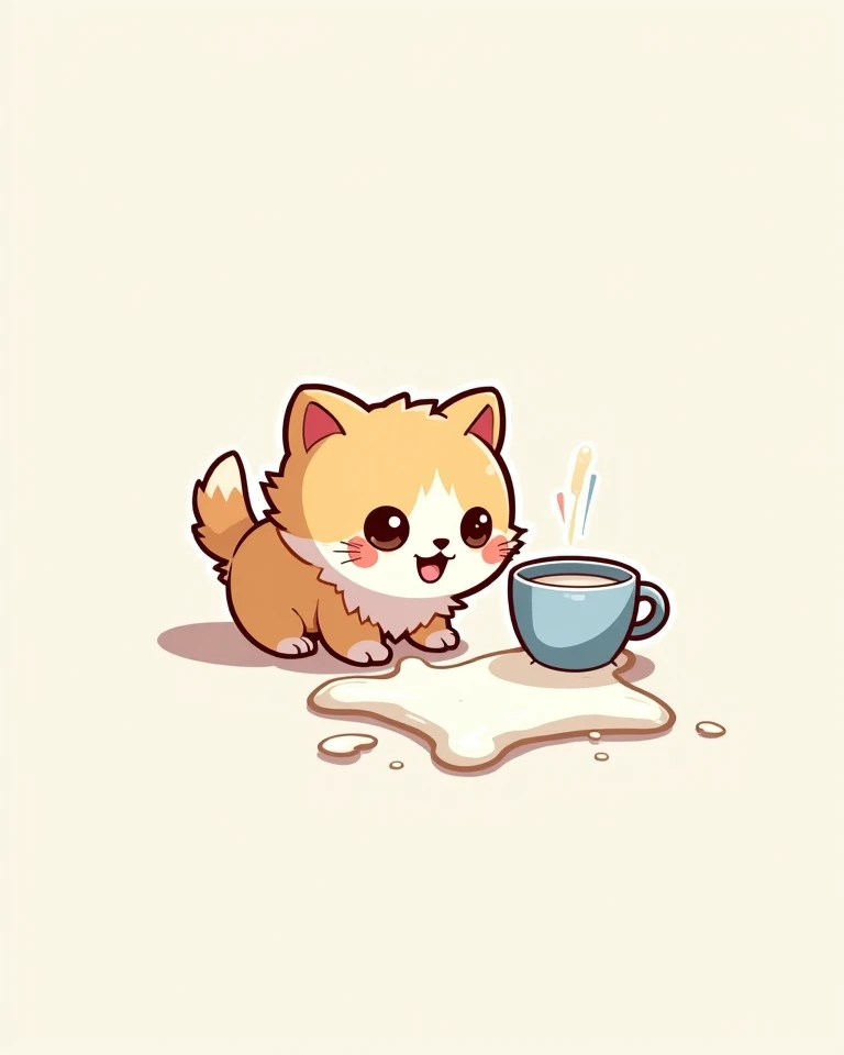 Sticker kitten and a cup of spilled milk
