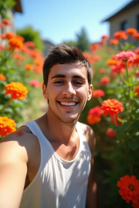 "Sunny summer day, vibrant flowers blooming all around in a beautiful garden. A man with short dark hair wearing casual summer clothes is taking a selfie. The perspective is from the phone's front camera, capturing the man and the colorful flowers in the b...