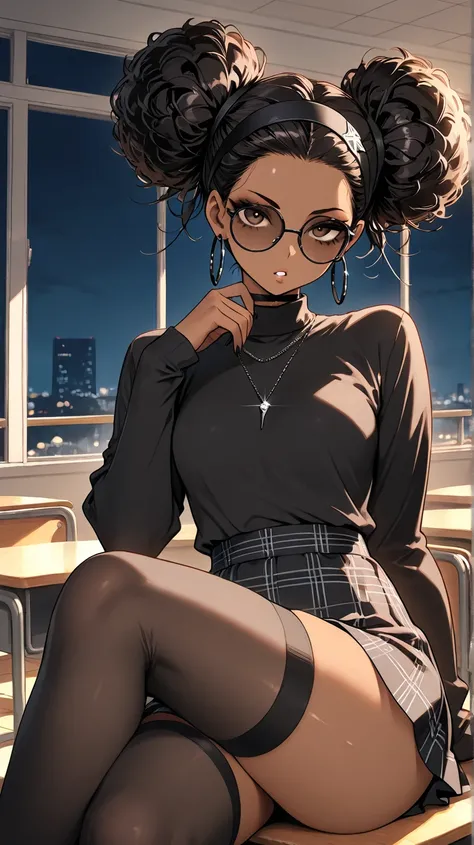 1Girl, Mature, Ebony, African American, Dark Skin, Jet Black Hair, Afro, Double Bun, Shiny Hair, Bright Brown Eyes, Black Nails, Dark Brown Eye Shadow, Medium Chest, Brown Turtleneck Shirt, Black Circular Glasses , Black Plaid Skirt, Black High-Thigh Socks...