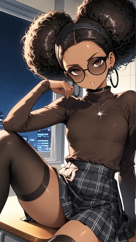 1Girl, Mature, Ebony, African American, Dark Skin, Jet Black Hair, Afro, Double Bun, Shiny Hair, Bright Brown Eyes, Black Nails, Dark Brown Eye Shadow, Medium Chest, Brown Turtleneck Shirt, Black Circular Glasses , Black Plaid Skirt, Black High-Thigh Socks...