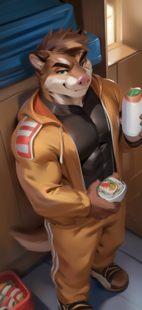  alone, male Tall​,huge​ body​, stand,Holding a lunch box, there is a lot of sushi food., den , ​ pig​ otter ,​  pink​ ​Tracksuit​ soldier​,  heavy overload,  muscle bundle, smirking,by chunie ​