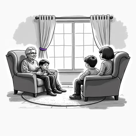 Generate sketch illustration of a warm cozy room with a Grandma sitting in arm chair, watching TV. A boy is slouched on a couch with folded arms, and a girl is tapping the armrest. Black ink white background. 