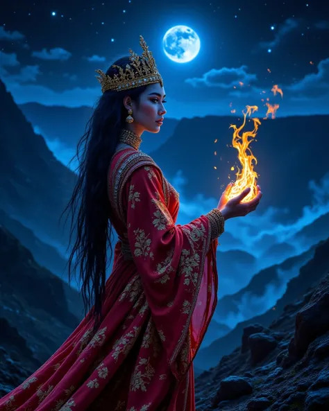 A mystical and otherworldly Javanese mythical woman stands gracefully at the edge of the ethereal Ijen Crater, bathed in the soft glow of the full moon. She wears a mesmerizing lava-red kebaya, its delicate embroidery shimmering like molten fire, layered o...