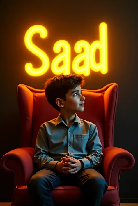 create a 3D illusion for a profile picture where a  boy in a shirt sitting casually wing back  chair wearing sneaking he look ahead the background features Saad in big  and capital yellow neon light fonts on the dark wall. there should not be his shadow,an...