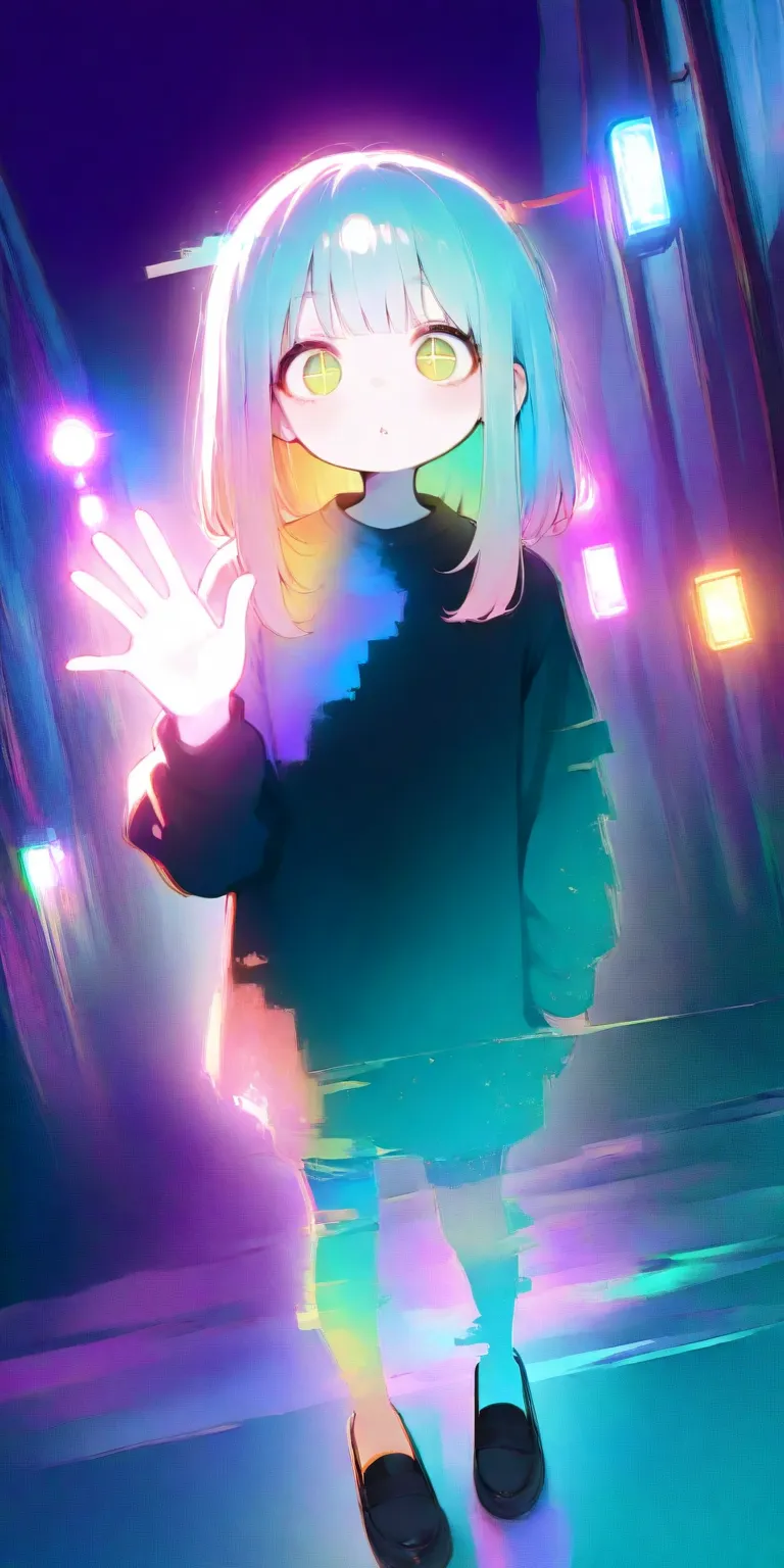 1girl,street lights, neon-color black light, tilt dutch angle,,fisheye-lens, (glitchy noise), waving hand bye-bye,(multicolor glitch,glitch,neon), overly detailed pupils,glowing