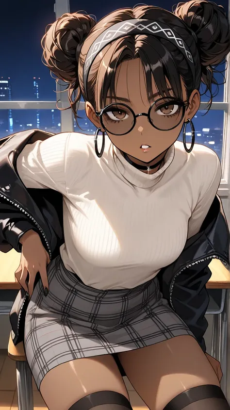 1Girl, Mature, Ebony, African American, Dark Skin, Jet Black Hair, Afro, Double Bun, Shiny Hair, Bright Brown Eyes, Black Nails, Dark Brown Eye Shadow, Medium Chest, White Turtleneck Shirt, Black Circular Glasses , Grey Plaid Skirt, Black High-Thigh Socks,...