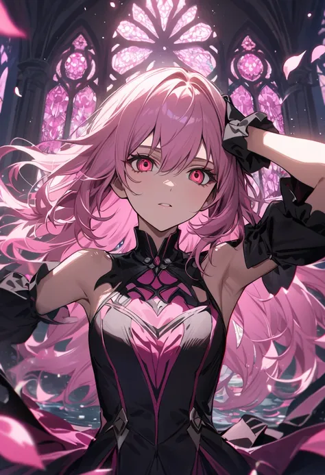  super precise,  Hi-Res,   are ridiculous,  Hi-Res, Krull Tepesi ,  pink long hair ,   Expressive red eyes ,  Seraph of the End,  pink stained glass,  pink flowers,  petals,  very beautiful, woman,  perfect face, Alone,  VERY DETAILED EYES AND FACE ,  blac...