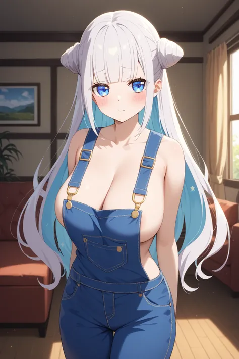 masterpiece,best quality,{{detailed beautiful face and eyes}}, very detailed background,
Byakuya Mimori,{{{megami magazine}}},long hair,silver hair,multicolored hair, hair bun,double bun,cone hair bun,blue eyes,large breasts,
nude,(Bare, overalls:1.3),
1gi...