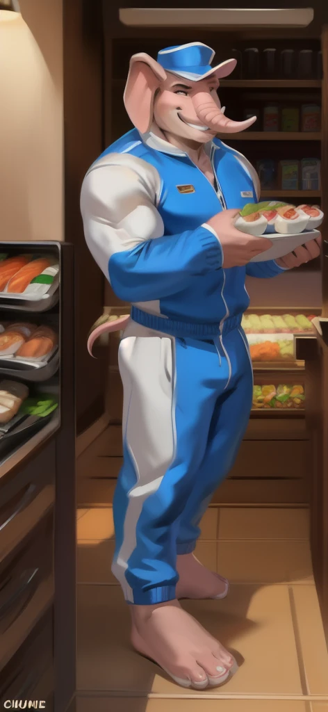  alone, male Tall​,huge​ body​, stand,Holding a lunch box, there is a lot of sushi food., den , ​ pig​ elephant ,​  blue ​ ​Tracksuit​ soldier​,  heavy overload,  muscle bundle, smirking,by chunie ​