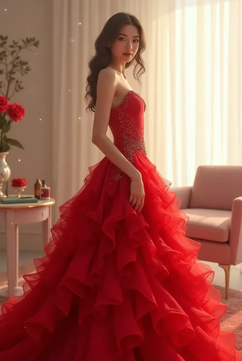 "Generate a  image of a glamorous woman wearing a luxurious red ball gown with layered, voluminous ruffles and subtle sparkles. She stands elegantly in a softly lit, modern room with a light, neutral-toned background, featuring a plush armchair and a subtl...