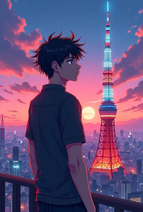 A anime boy behind the Tokyo tower.