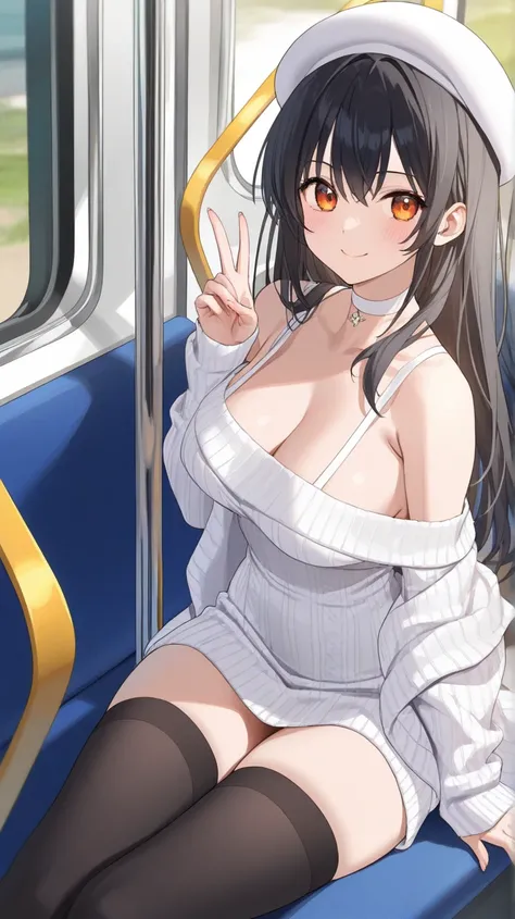 ( Masterpiece,  top quality:1.2)、Alone、 White Knit Dress、 off shoulder 、 White Beret、 black knee-high socks、I'm holding on to a bus strap、Amber Eyes、 long hair、 glossy black hair 、 white choker on the neck 、( top quality)、( ultra detail)、( very detailed an...