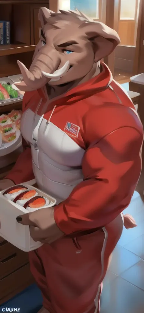  alone, male Tall​,huge​ body​, stand,Holding a lunch box, there is a lot of sushi food., den , ​ pig​ elephant ,​  pink ​ ​Tracksuit​ soldier​,  heavy overload,  muscle bundle, smirking,by chunie ​