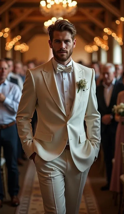 handsome male like a Liam Hemsworth  wearing a wedding clothes, with a rings detailed walking in a barn wedding with a crowd of people hiquality, with a rings, hazel eyes, hyper-realistic, speaking Realism, Canon, Nikon, 85mm, HD, 4K, 8k Wedding clothes fu...